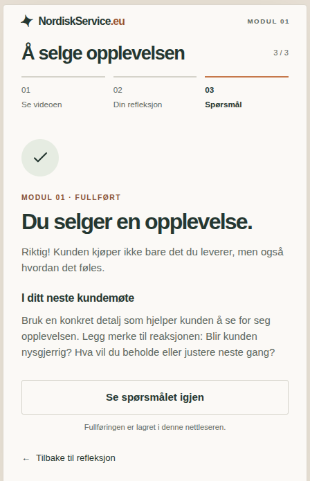 Skjermbilde av oppsummeringen «Du selger en opplevelse», med tips om å bruke en konkret detalj i neste kundemøte og legge merke til reaksjonen.