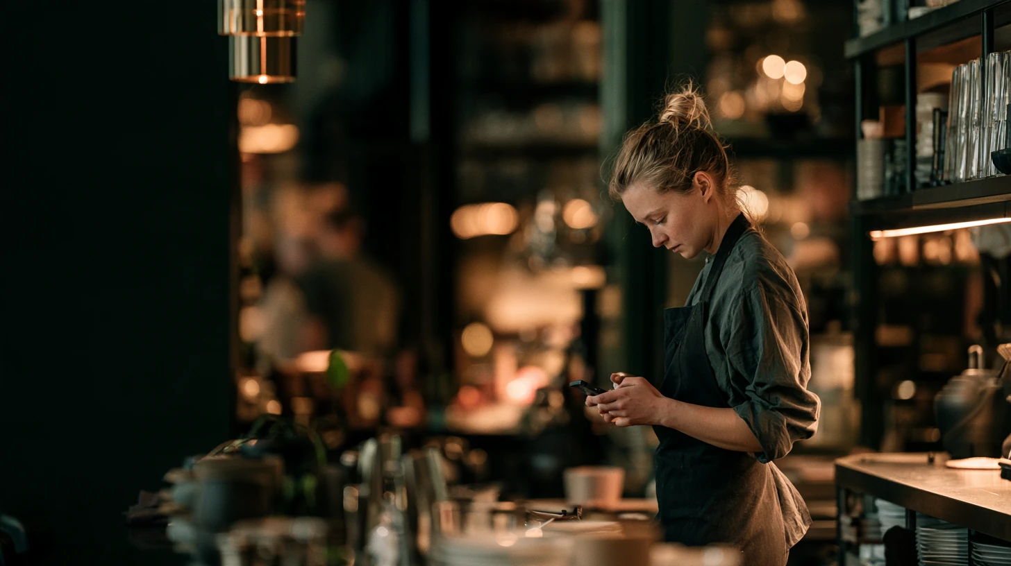 Medarbeider i restaurant tar et kort faglig påfyll på mobilen